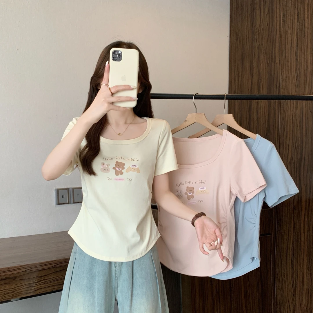 清长2025夏季胖mm大码修身显瘦U领短袖t恤减龄卡通印花上衣80010