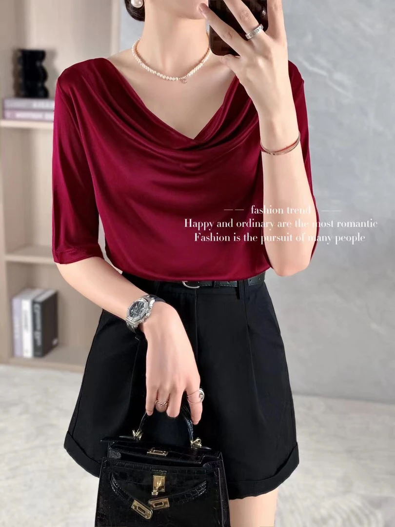 夏季进口三醋酸女士荡领中袖小众纯色上衣2238