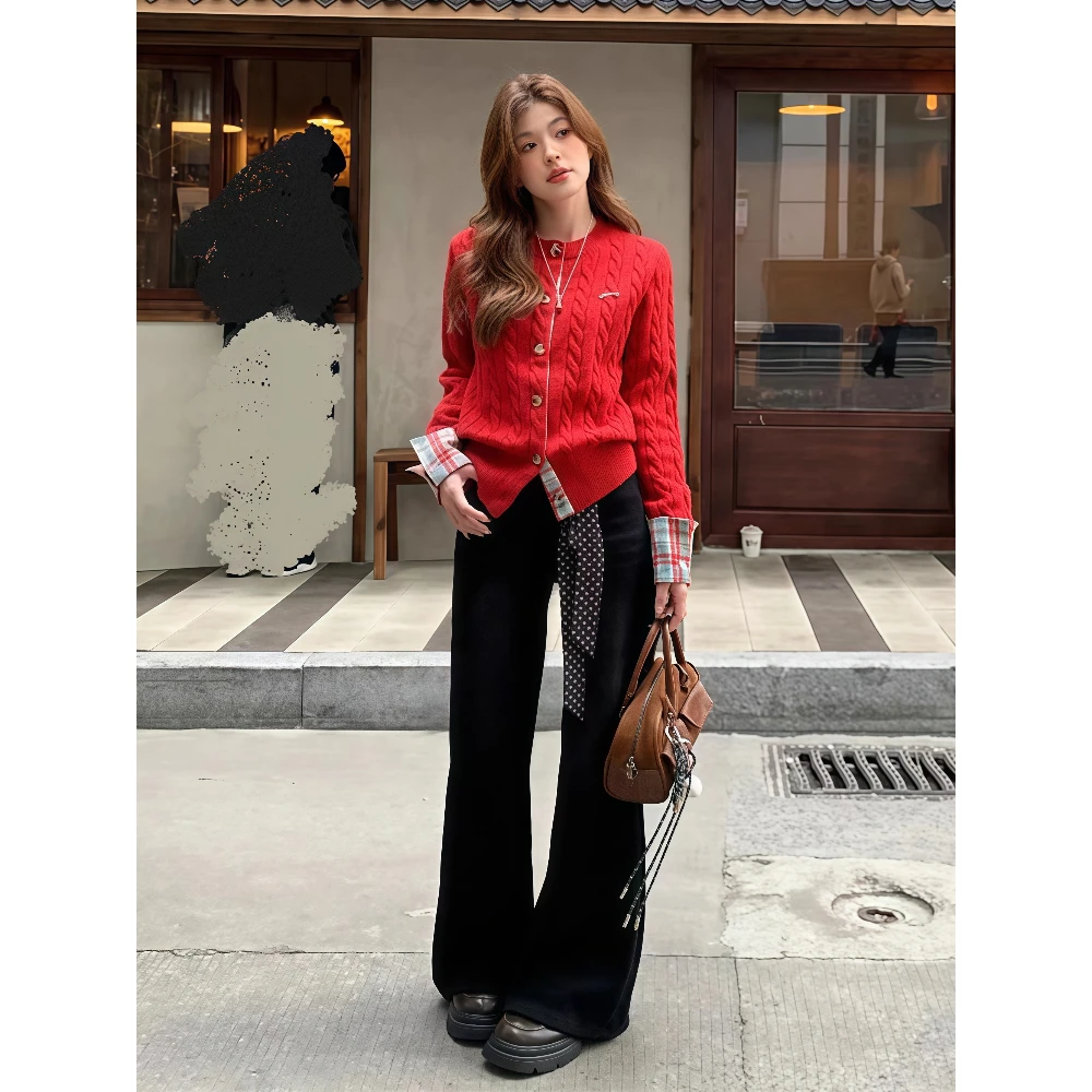 又a又飒套装女2025秋冬新款减龄针织开衫外套阔腿牛仔裤两件套装