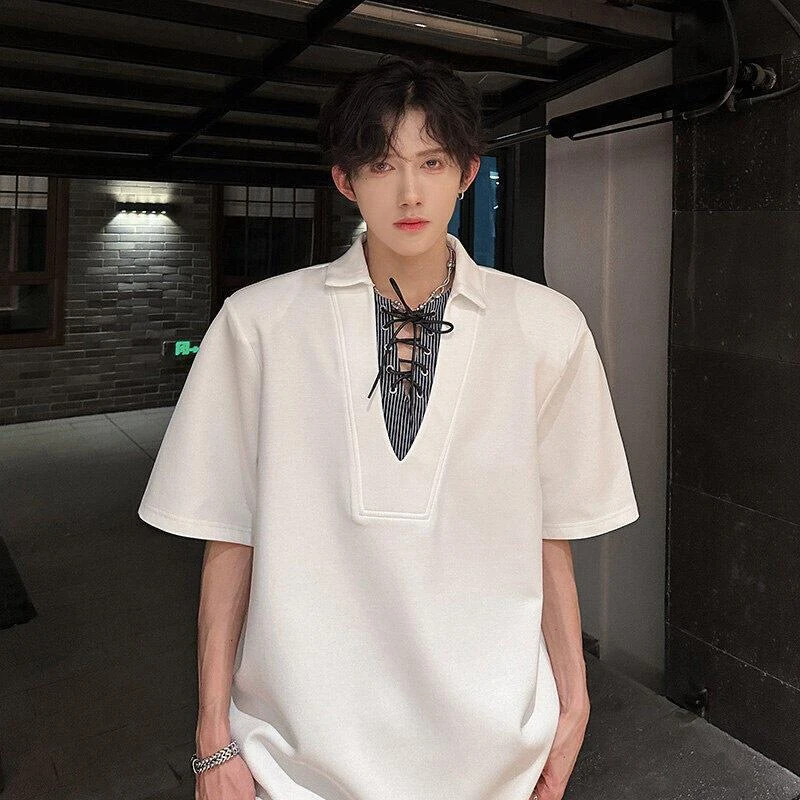 小众拼接系带领假两件短袖男夏季半袖恤男模穿搭衫