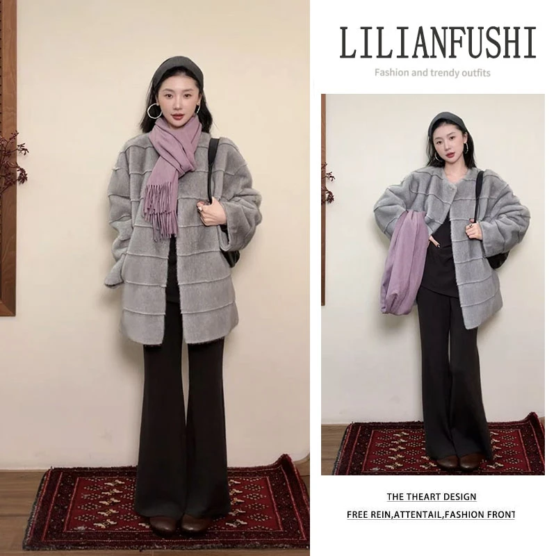 秋季穿搭一整套2025新款韩版时尚宽松长袖外套微喇休闲裤两件套女