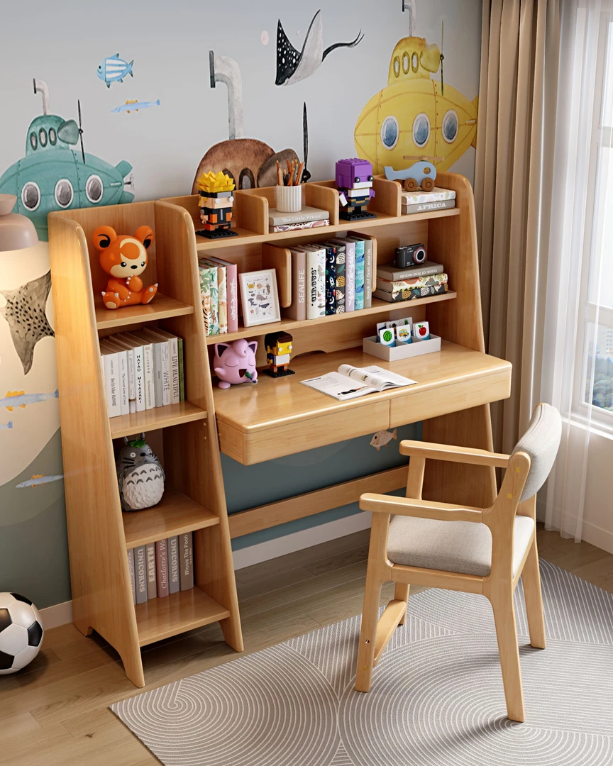 桌子学习桌实木书桌书架一体简约小孩写字桌学习桌椅桌子家用卧室