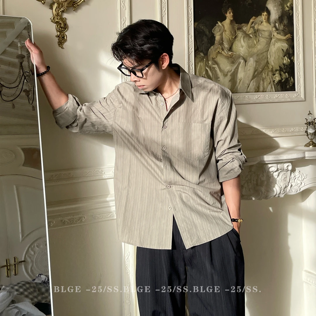 BLGE「肌理感褶皱」撞色条纹长袖衬衫男廓形宽松韩系翻领衬衣