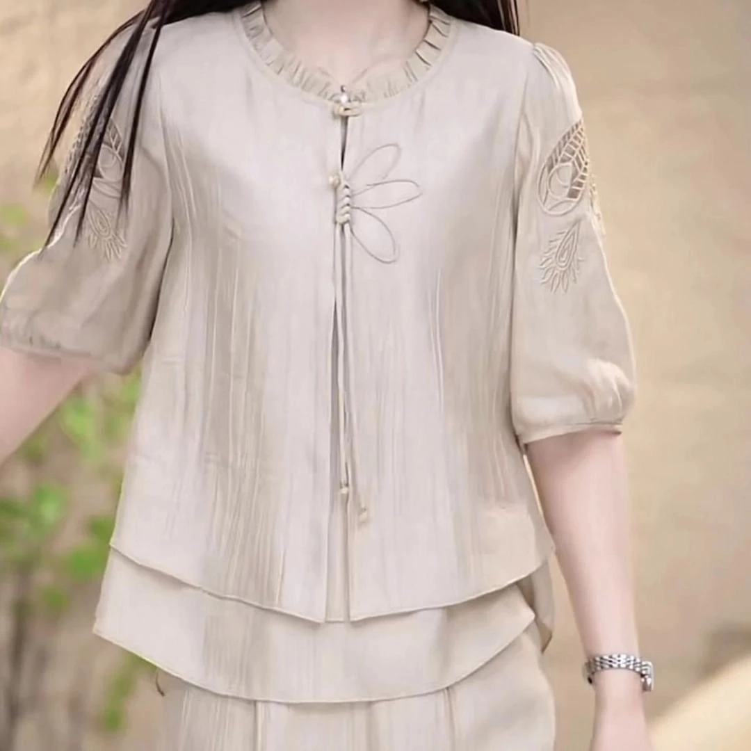 时尚休闲套装女2025夏季新款洋气遮肚子显瘦短袖上衣阔腿裤两件套