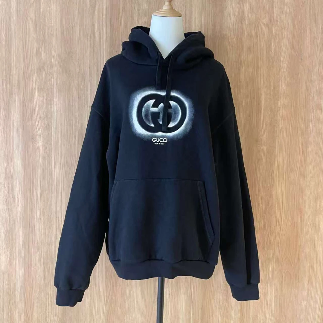 99新 GUCCI/古驰 黑色印花连帽卫衣L/50678154/代卖服务/12期免息