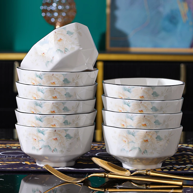 佳园瓷艺   10只金丝牡丹家用陶瓷餐具5饭碗饭碗面碗套装