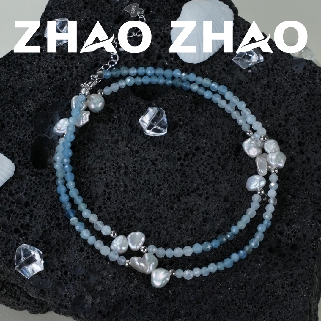 链子925银 「南楼雪尽」原创设计高级花瓣大自然裸珠渐变蓝项链