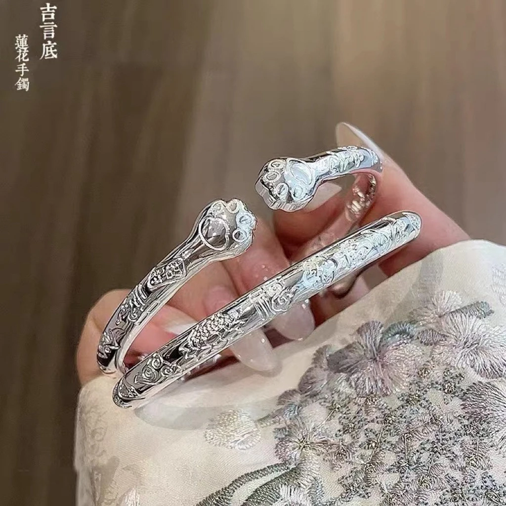 足银手镯 吉言猫爪银手镯时尚轻奢招财猫爪开口纯银镯子送女友520