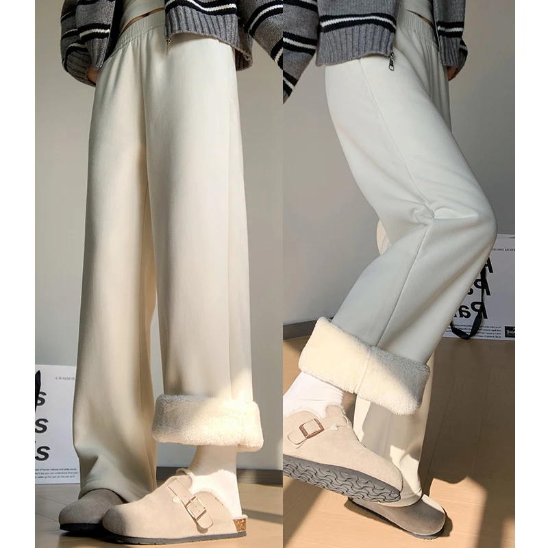 小个子加绒高弹直筒裤裤子冬季休闲运动特厚羊羔绒窄版花灰色卫裤