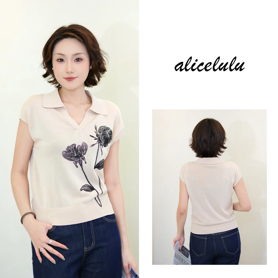 [alicelulu] 翻领套头绣花短袖针织衫修身洋气百搭S2142856L