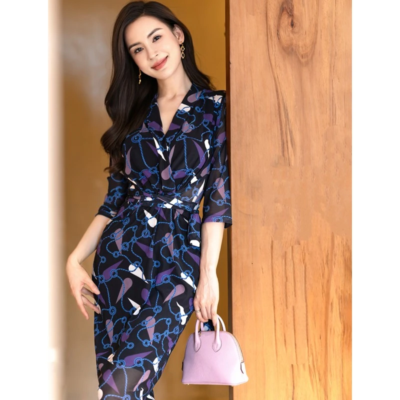 博雅国际高级感链条印花网纱裹身裙修身显瘦优雅气质包臀连衣裙夏