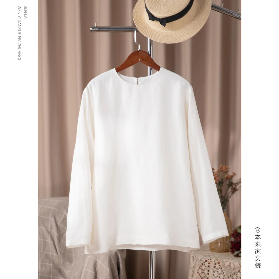 【本利来】文艺百搭圆领苎麻纯色套头上衣女早春显瘦衬衫5907