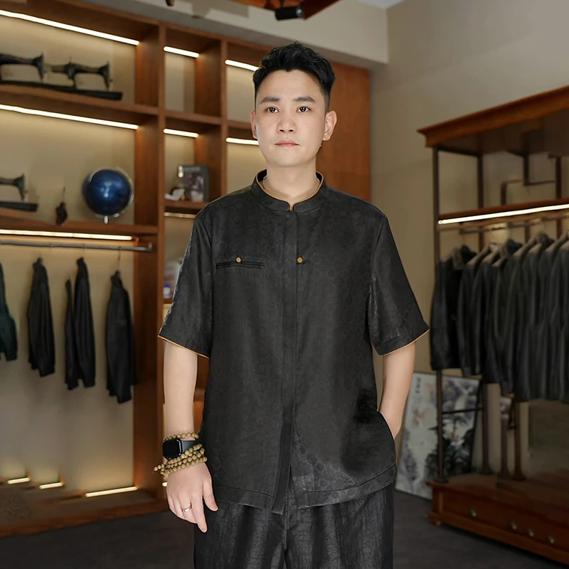 【空山新雨】新款夏季男士香云纱桑蚕丝新中式国风立领上衣衬衫051