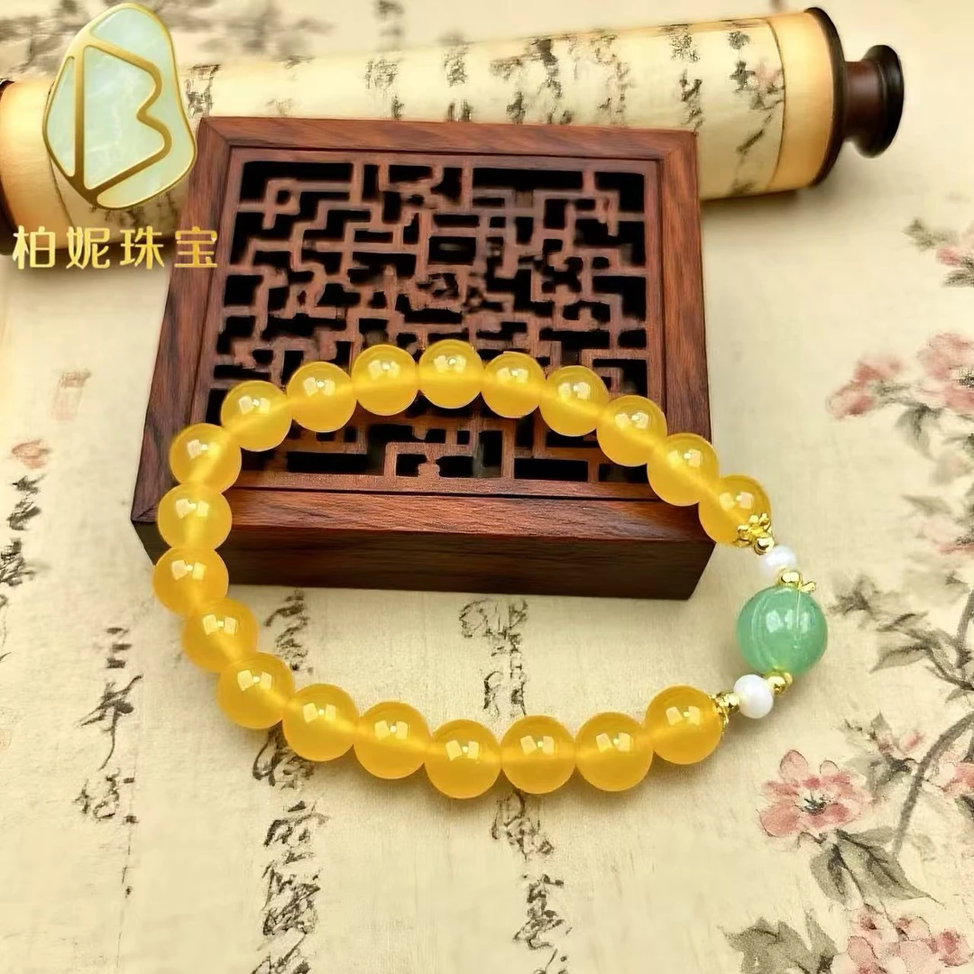 时尚百搭单圈黄玛瑙配东陵玉圆珠手串-3001