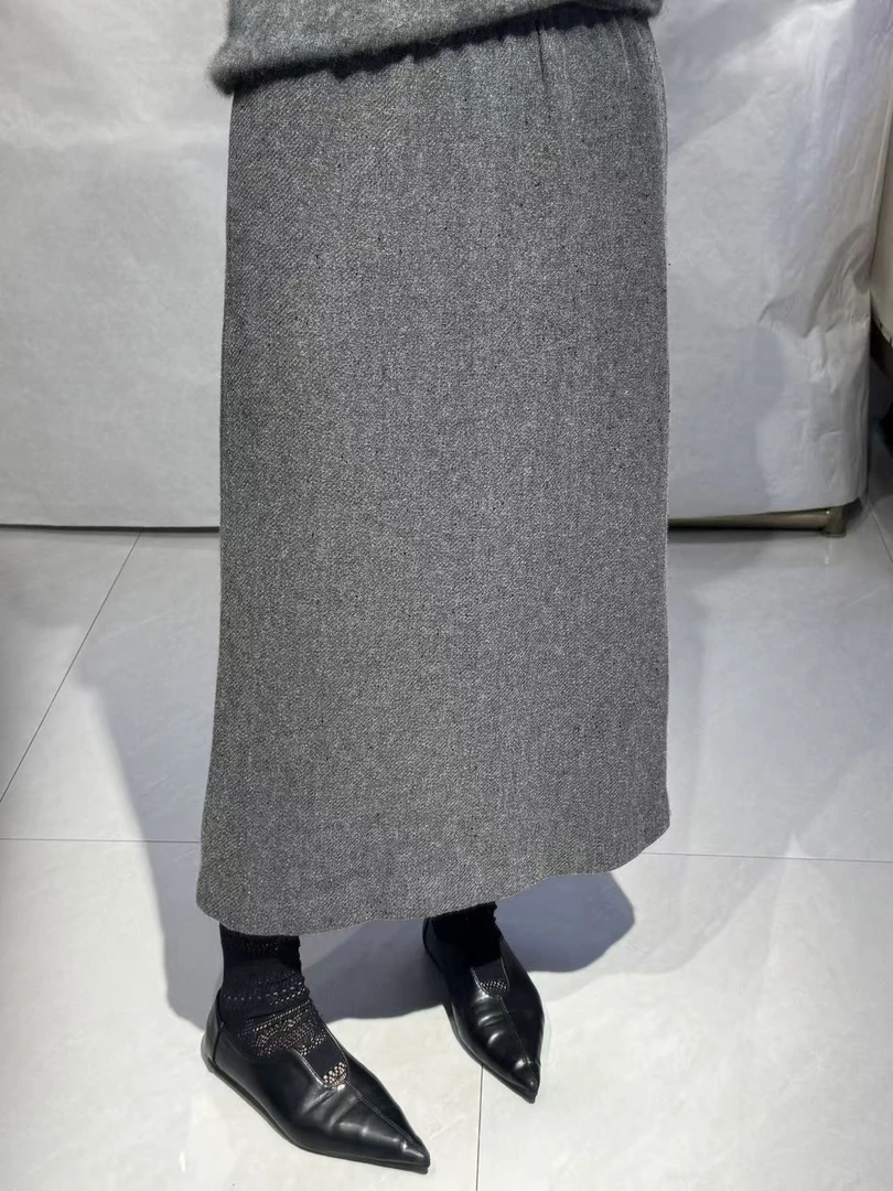 秋冬新款灰色羊毛直筒半身裙