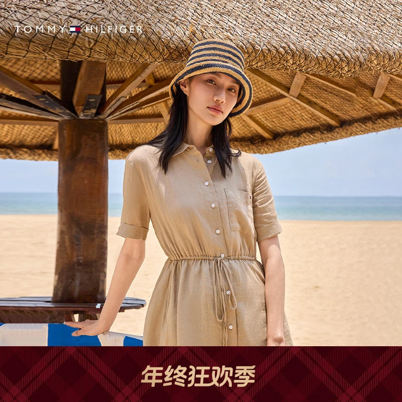 【舒适亚麻】Tommy25夏季女装海边度假风收腰显瘦衬衫连衣裙03943