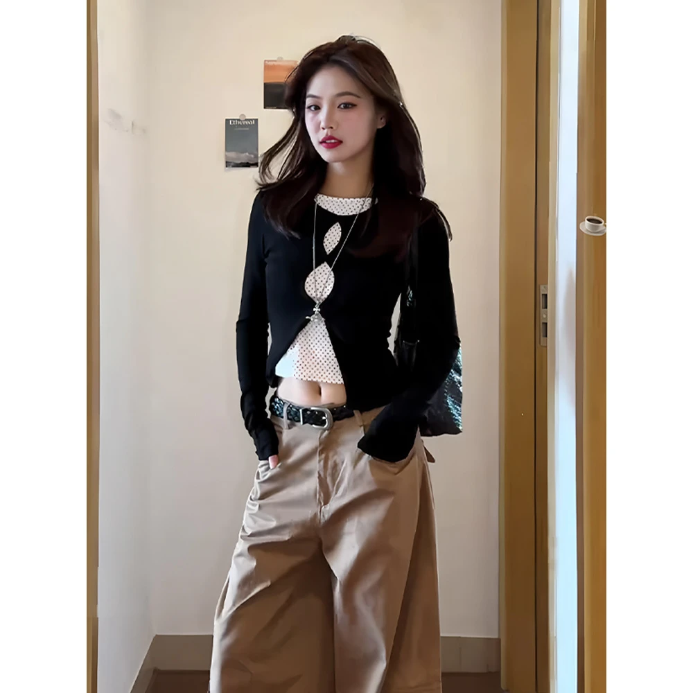 美式复古假两件镂空长袖女早秋波点拼接恤百搭显瘦上衣