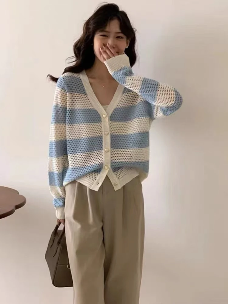 撞色条纹镂空针织衫春夏舒适百搭显瘦女开衫8005