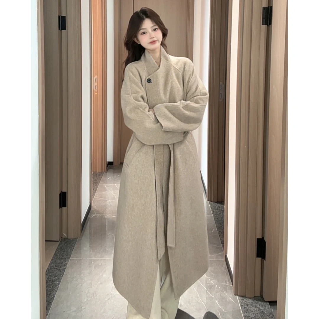 25915 法式优雅立领网红时尚百搭长款收腰单排扣羊毛大衣