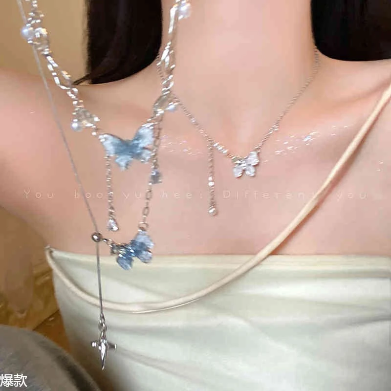 蓝色蝴蝶流苏项链女款轻奢小众高级感锁骨链2025新款夸张颈链配饰