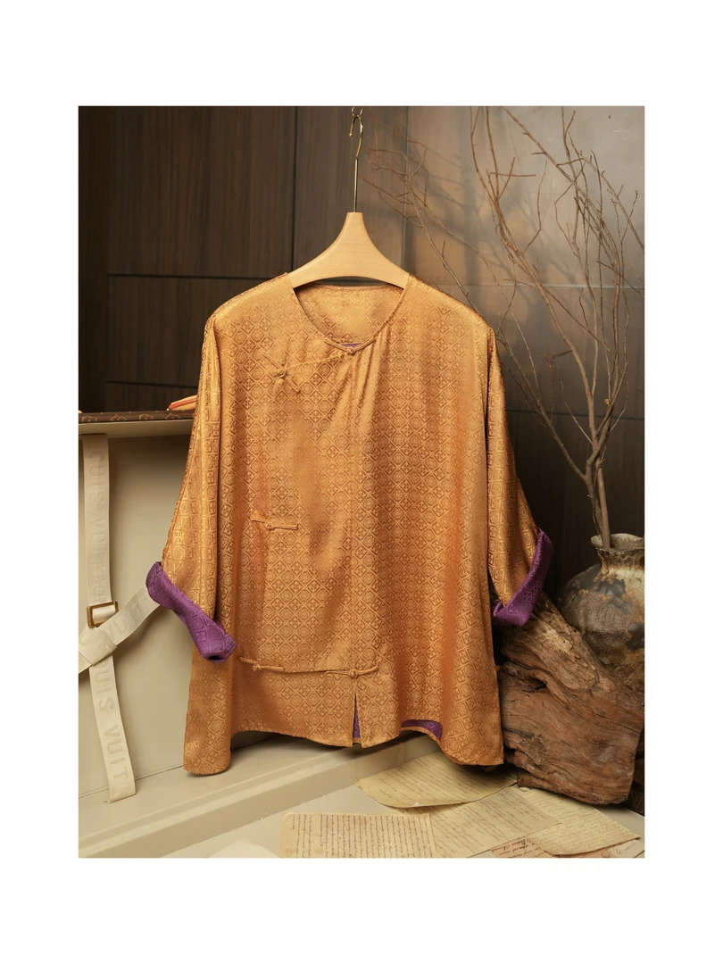 喵喵家【香云纱】复古重工百搭宽松气质薄款女上衣