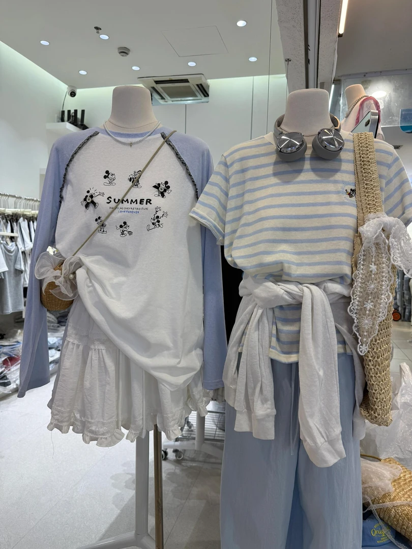 长袖T恤常规蓝色印花刺绣拼接套装设计感卡通韩版中长款运动