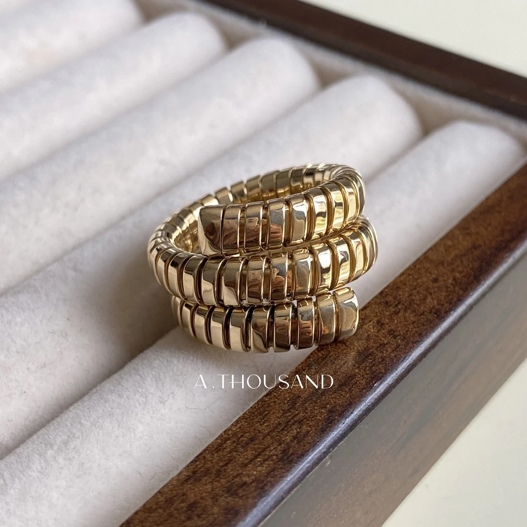 95新 BVLGARI/宝格丽 Tubogas18K金金色三圈可调节戒指-86081312