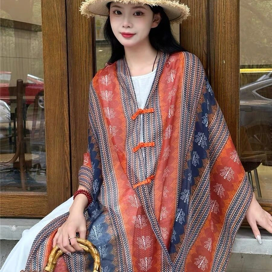 夏季民族披肩围巾复古盘扣防晒棉麻丝巾百搭罩衫沙滩名族风