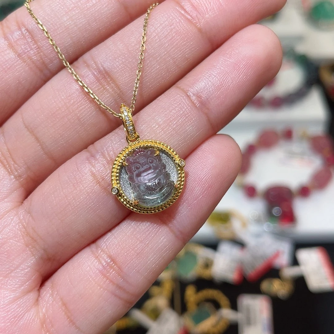 西瓜碧玺吊坠(不含链)18K金镶嵌 龙宝宝 万能扣头