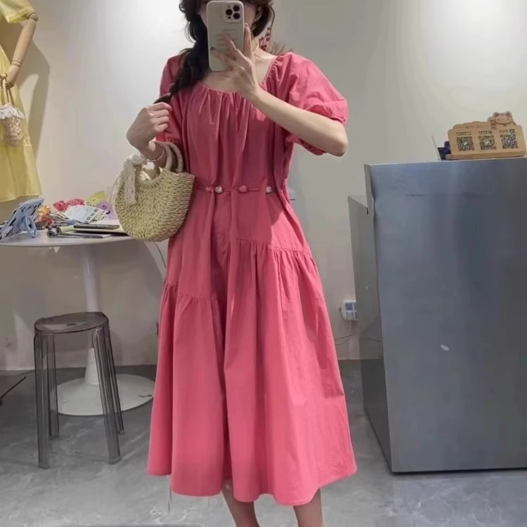 法式轻奢气质泡泡袖连衣裙女收腰显瘦圆领名媛高级感中长裙小众潮