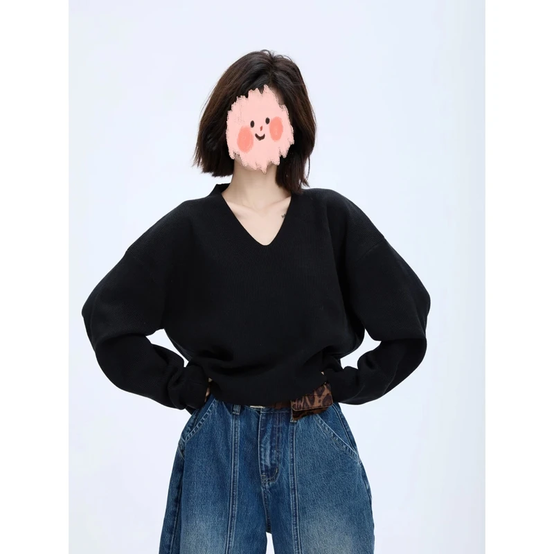 2025早秋新款时尚百搭气质韩系休闲显瘦宽松黑色V领长袖针织上衣