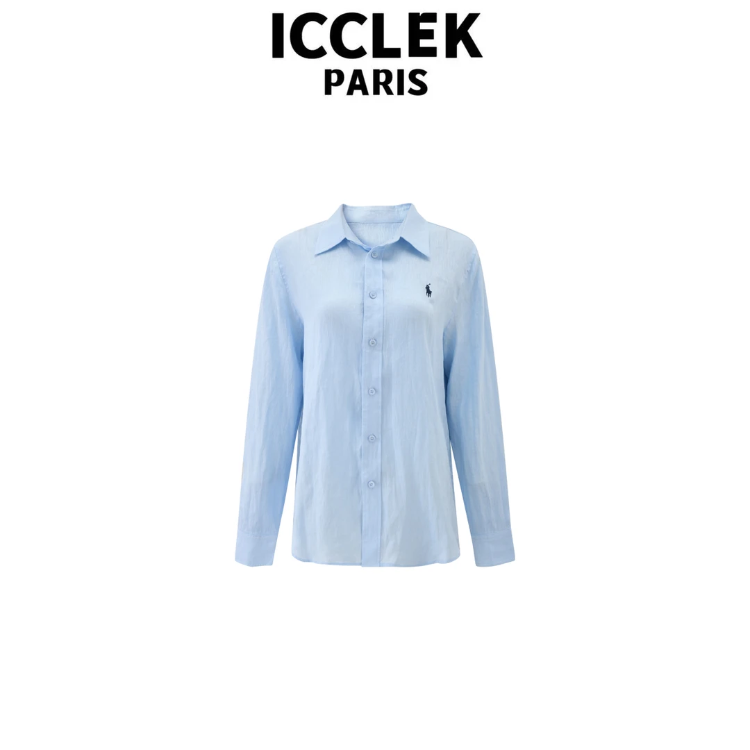 ICCLEK 早春秋夏蓝色亚麻衬衣设计感气质宽松显瘦百搭 休 闲-6208