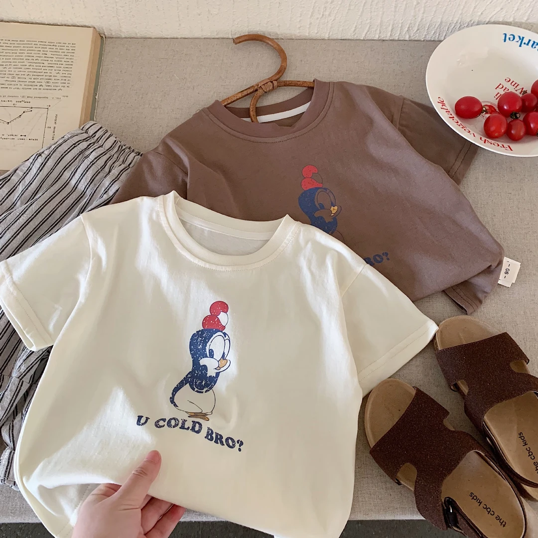 简约软萌~韩版儿童全棉卡通短袖休闲T恤男女宝宝宽松百搭打底衫夏