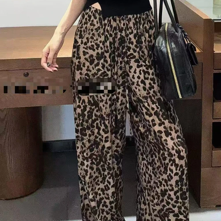 豹纹印花松紧系带腰时尚长裤夏季日常休闲必备