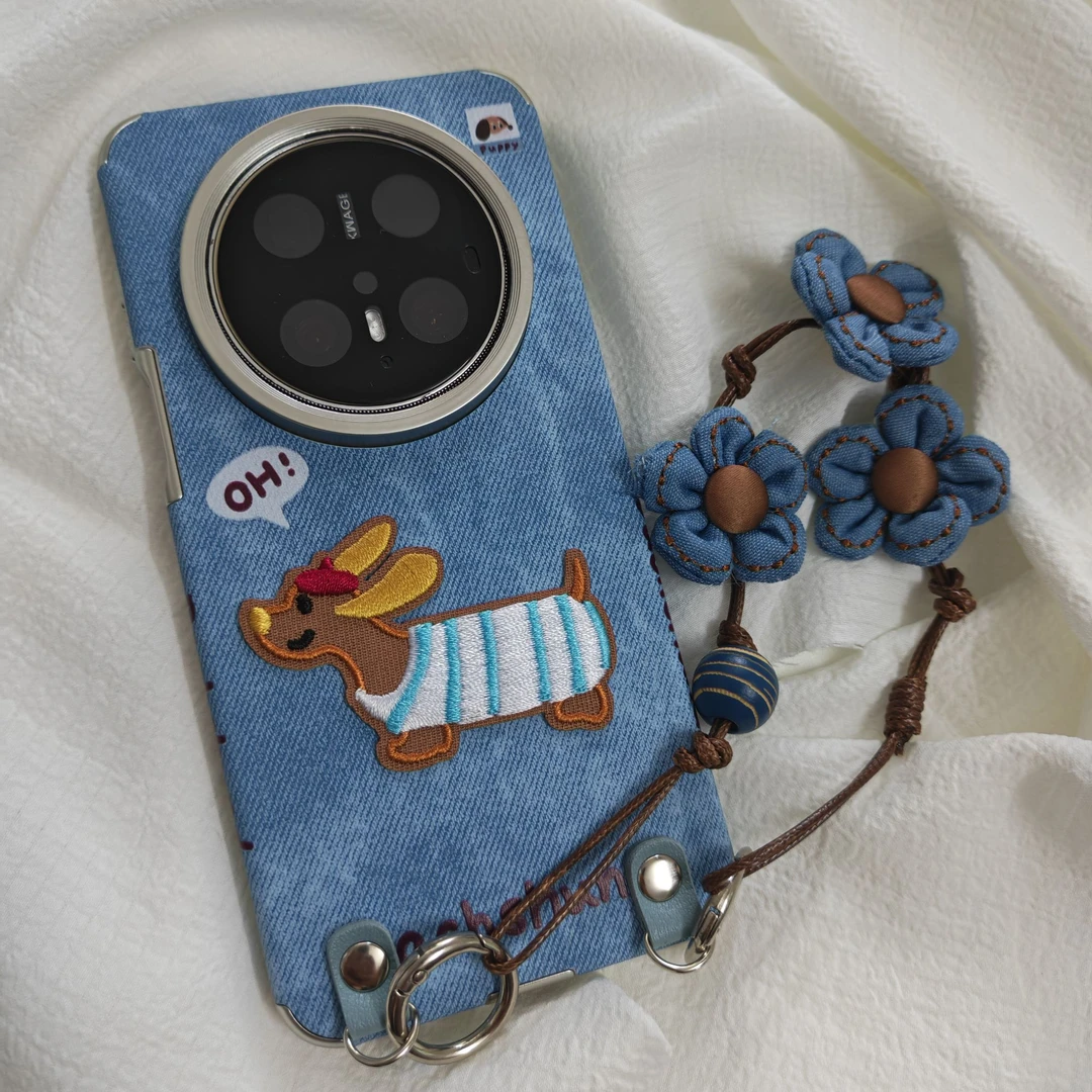 适用华为mate70pro+手机壳mate60pro刺绣狗狗牛仔mate80pro挂绳女