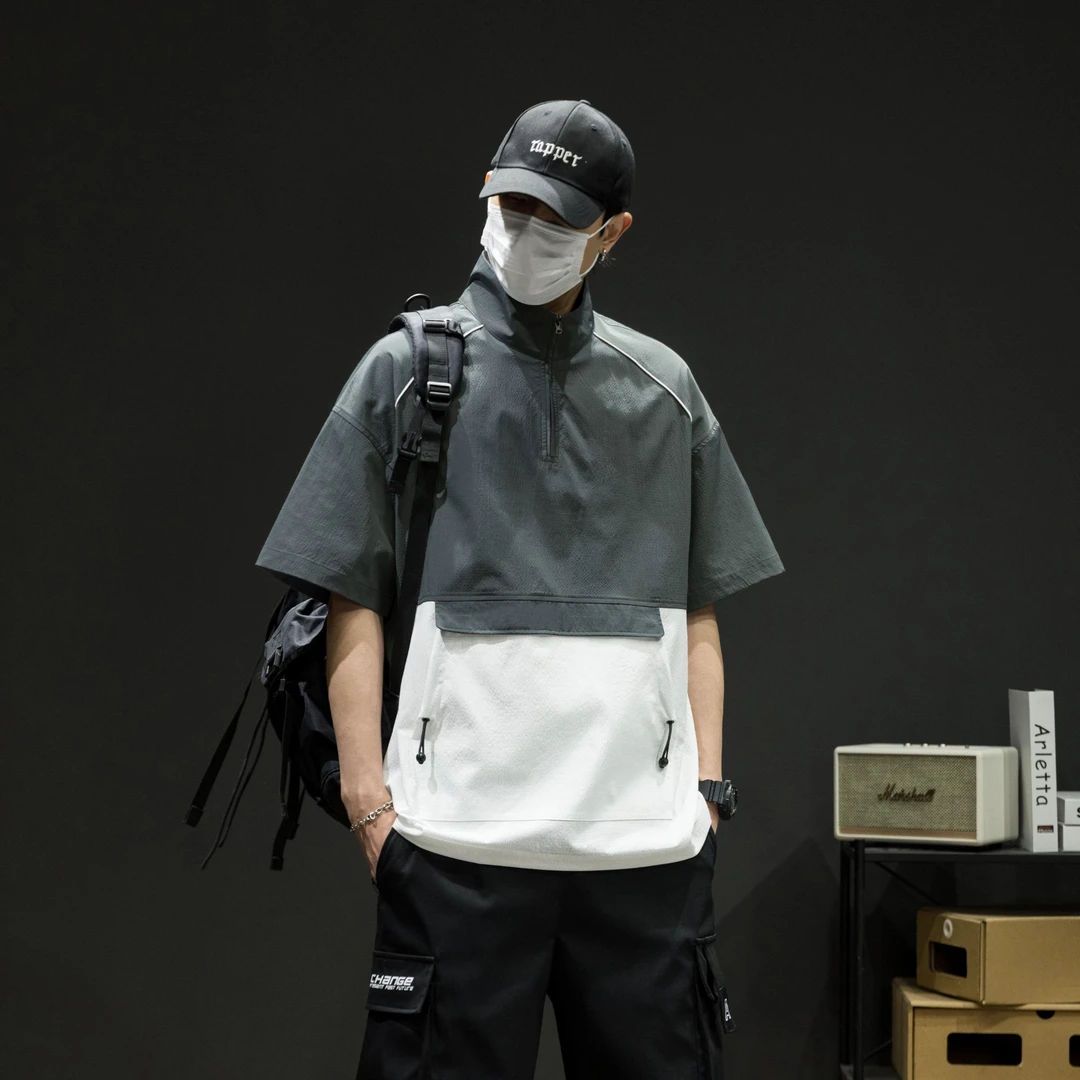 短袖T恤男士潮流半袖标准拼接休闲上衣嘻哈港风夏季立领宽松型