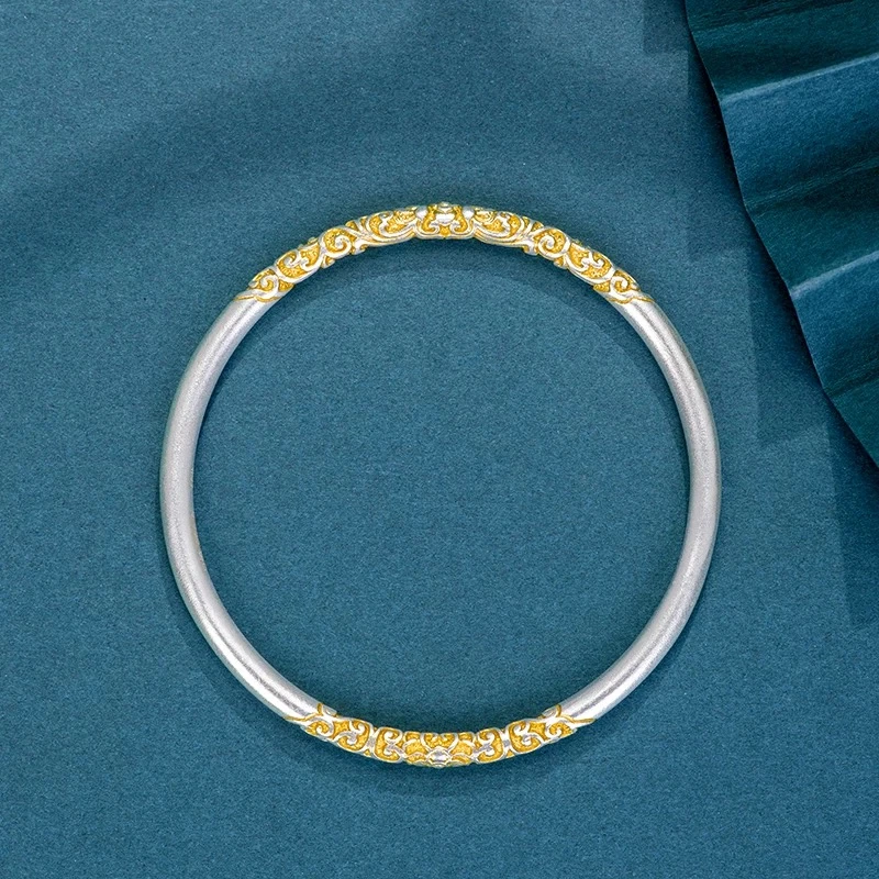 足银手镯 足银999.9描金卷草纹手镯古法磨砂法琅唐草纹闭口实心