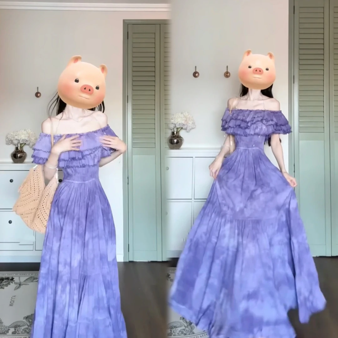 高腰一字领夏季通勤吊带泡泡袖连衣裙气质裙子晚礼服渐变长裙蓝色