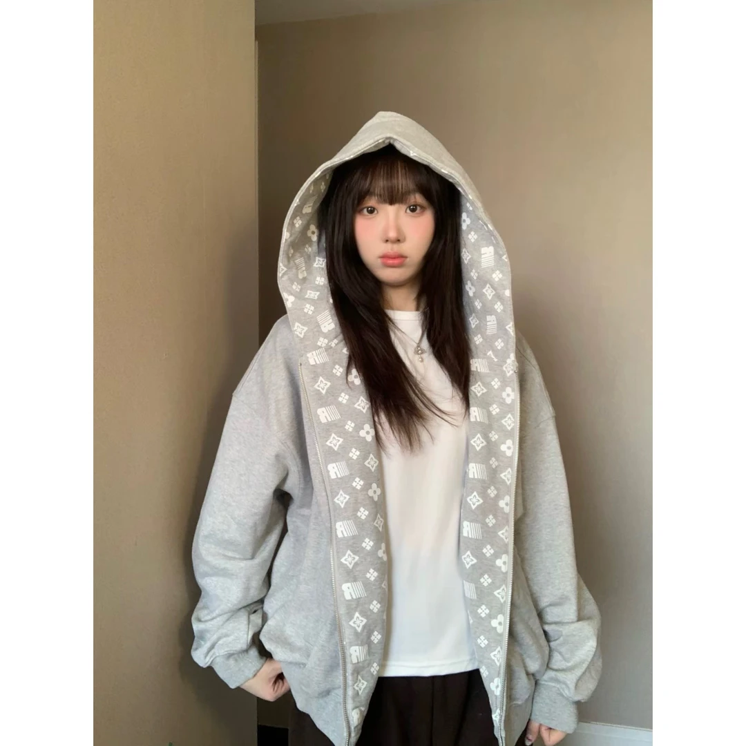 美式复古开衫连帽卫衣女2025新款秋季潮牌宽松情侣装拉链上衣外套