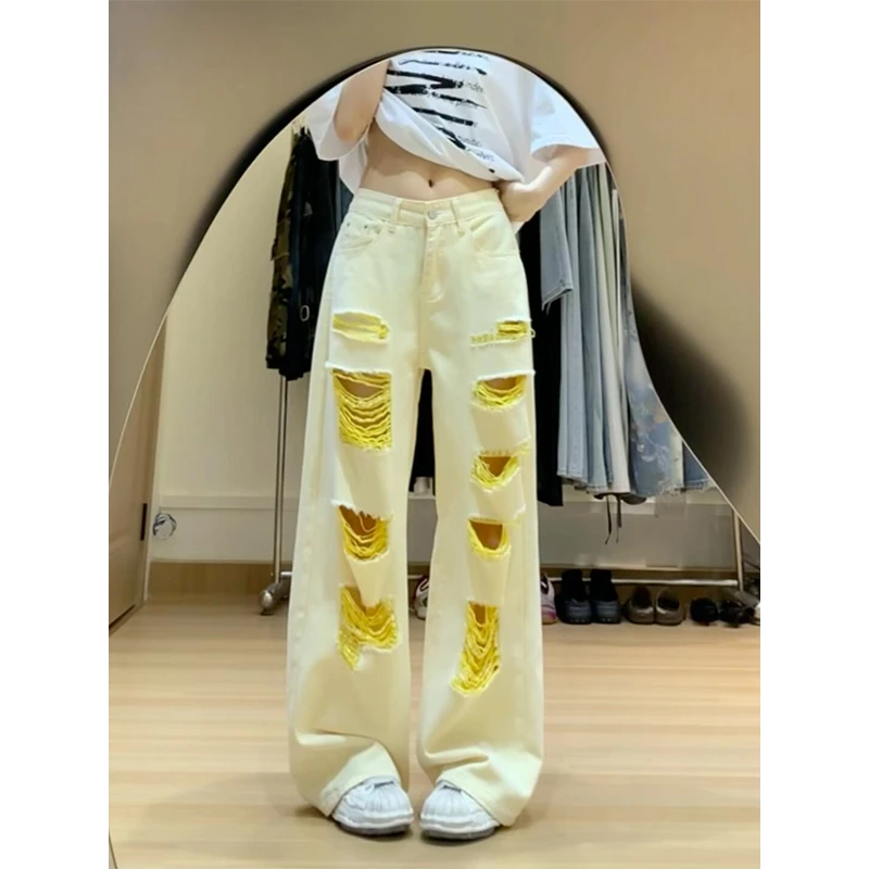 美式复古水洗黄色破洞牛仔裤女夏季新款设计感直筒显瘦阔腿拖地裤