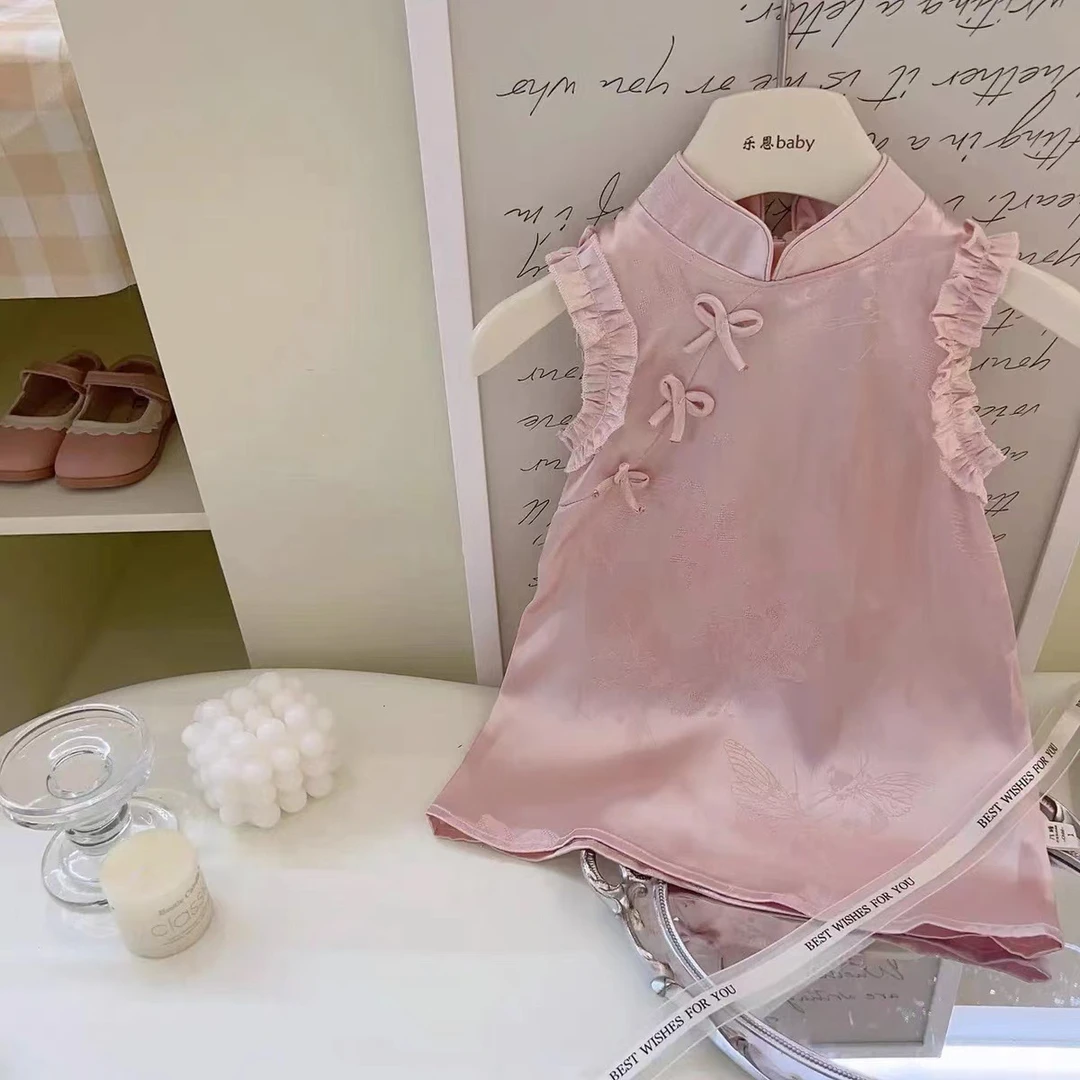 夏季纯色缎面提花旗袍古风国风碎花古装女宝女童复古小童