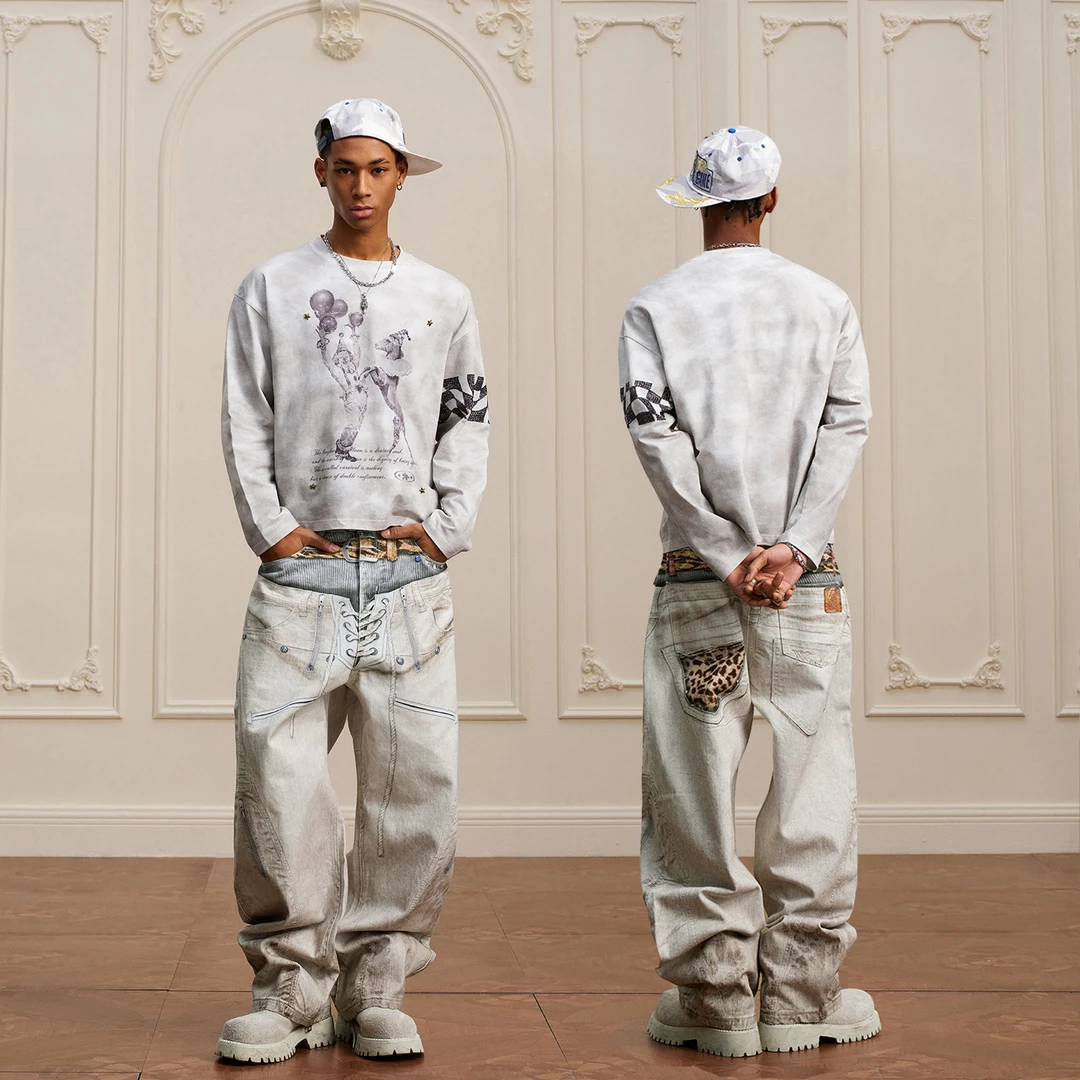 YADcrew亚德鲁马年限定双腰头绑带门襟豹纹打印牛仔裤长裤男女款