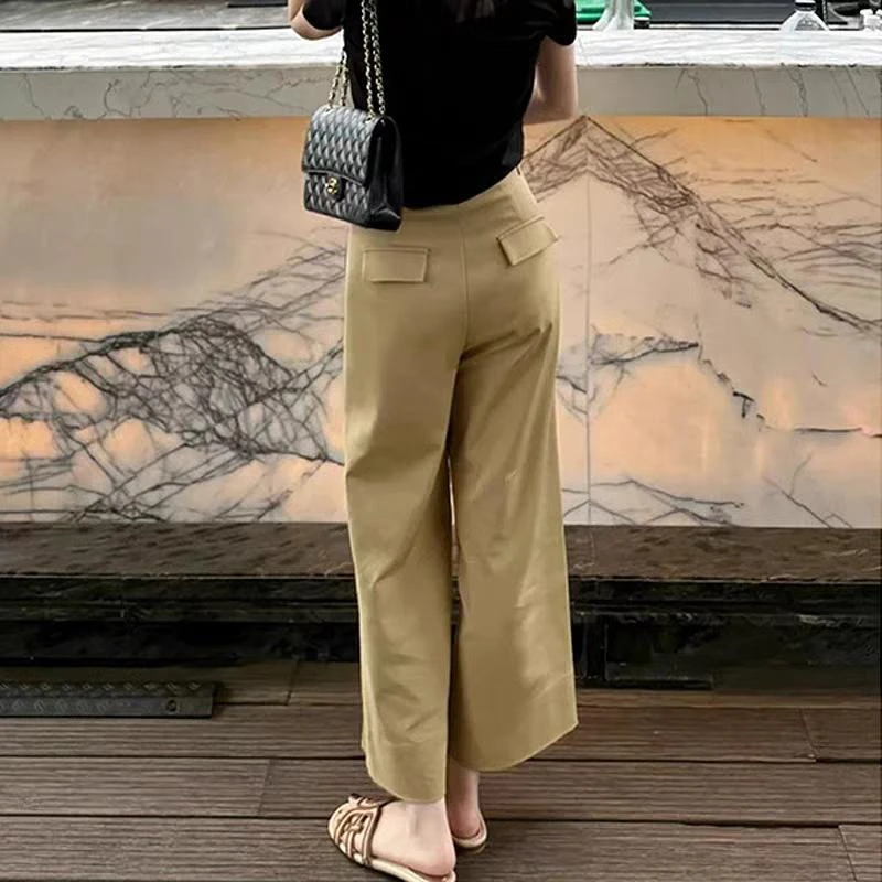 卡其色高腰直筒阔腿休闲裤女夏季新款显瘦梨形身材小个子九分裤