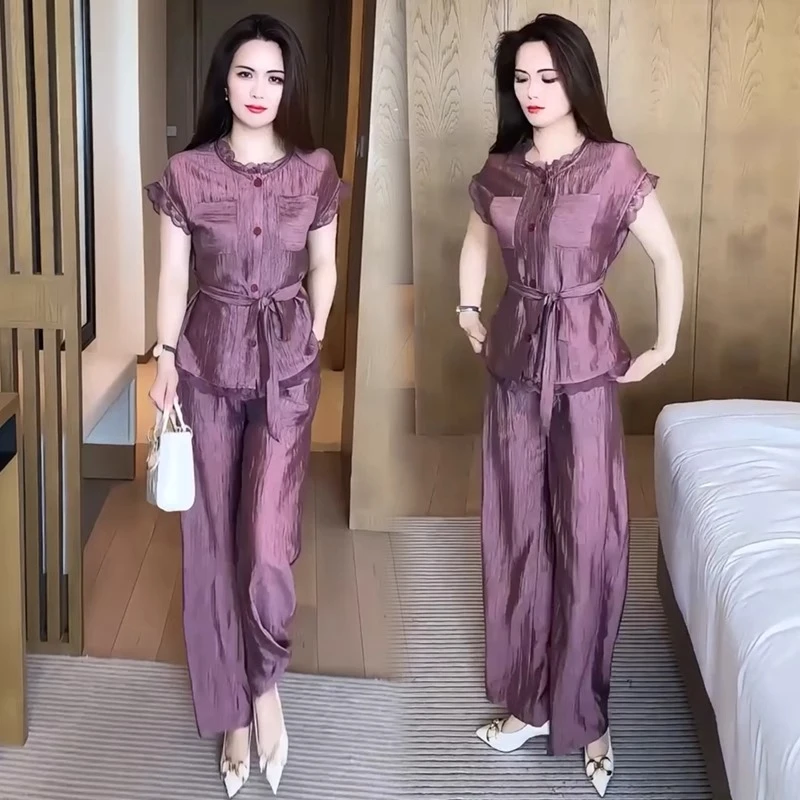 拉夏贝尔时尚套装夏季2025新款洋气蕾丝拼接上衣显瘦阔腿裤两件套