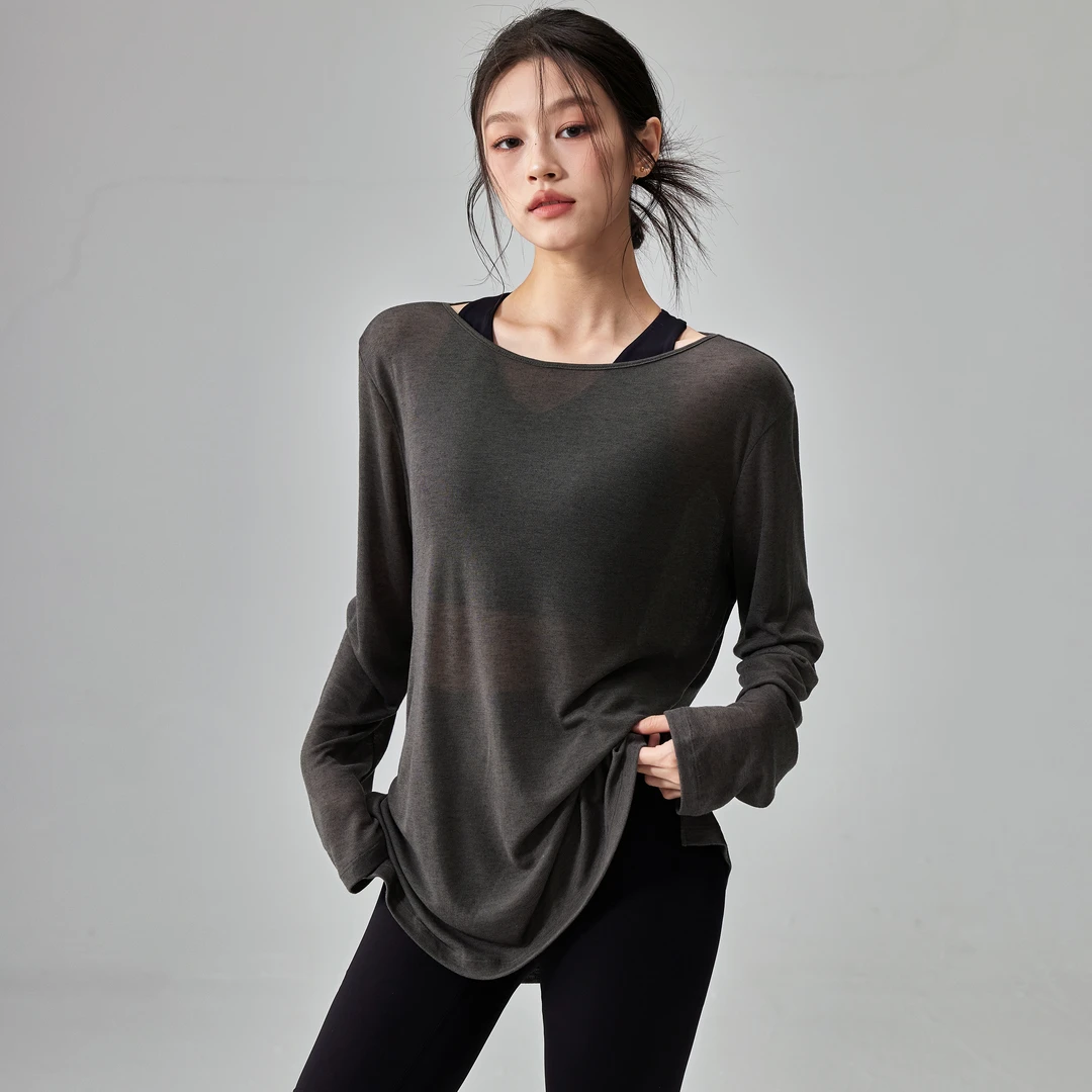 健身女孩宽松薄款瑜伽服罩衫透气速干跑步上衣圆领显瘦普拉提长袖