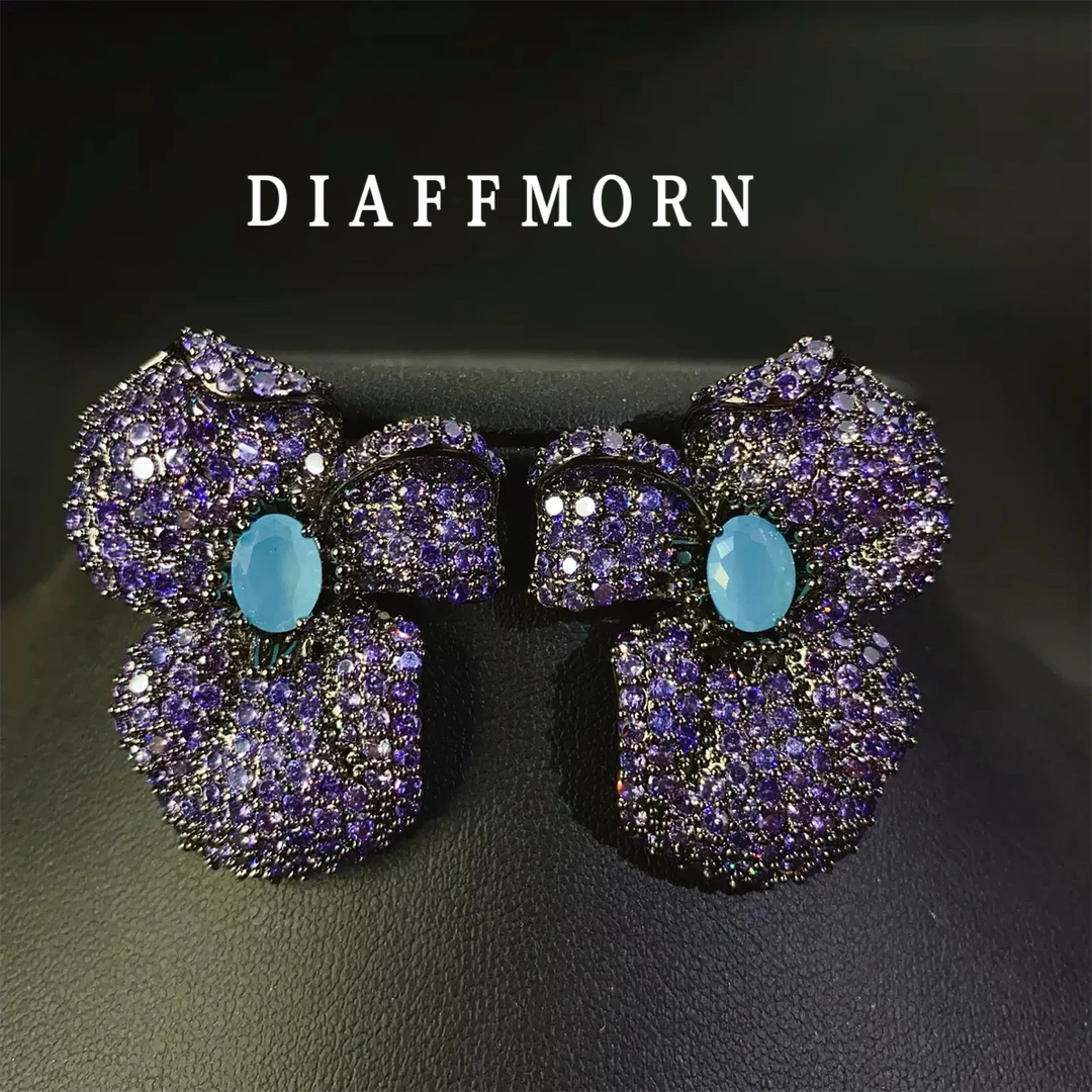 铜合金合成锆石耳饰 YM《紫韵》 重工复古奢华满钻气质耳钉