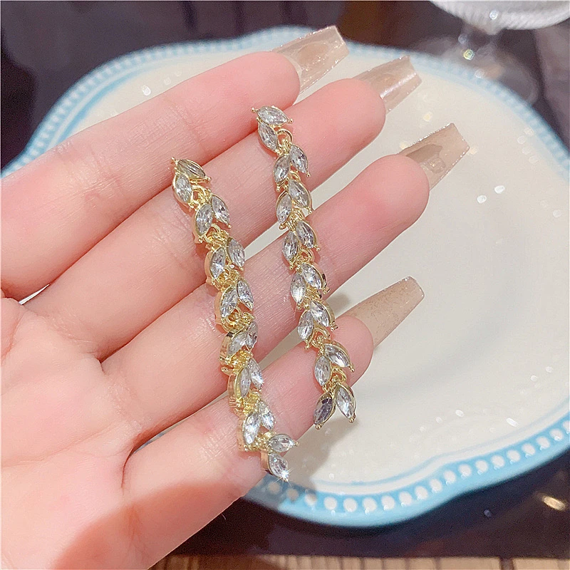 铜合金合成锆石耳饰 百搭网红耳饰韩国时尚超闪麦穗长款水晶耳钉