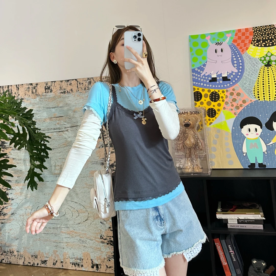 Fordare福蝶 设计师品牌 小众新款 灰色吊带背心假两件套头长袖T