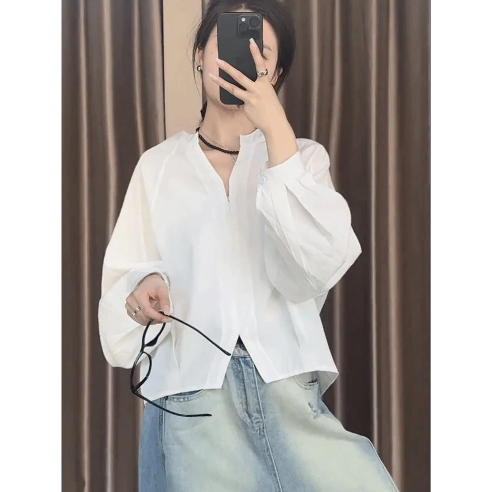 【气质显瘦V领长袖衬衫女春季新款小个子纯色简约百搭拉链别致衬衣