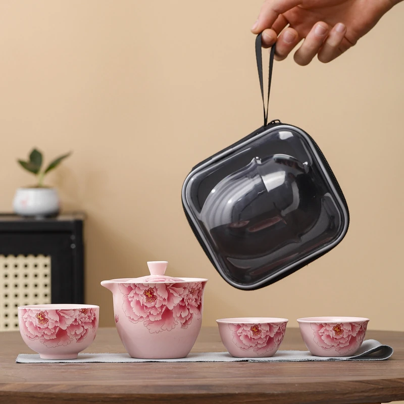 汝窑旅行茶具套装户外露营便携式快客杯一壶三杯功夫茶具可养开片